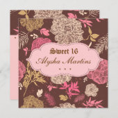 スイート16誕生日ヴィンテージフローラピンクブラウン 招待状 (正面/裏面)
