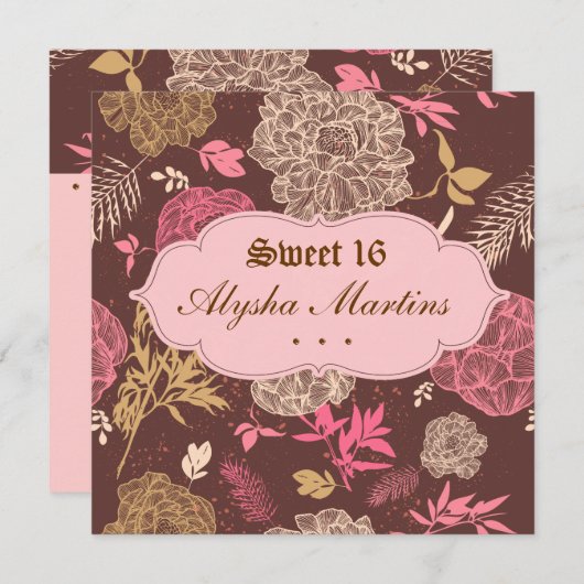 スイート16誕生日ヴィンテージフローラピンクブラウン 招待状 (正面/裏面)