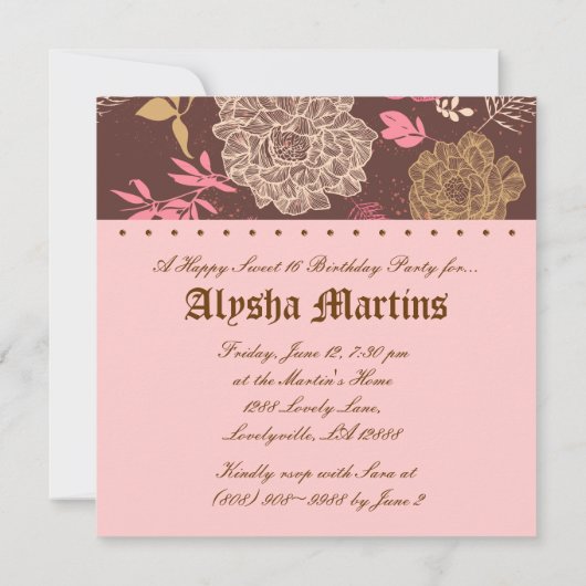 スイート16誕生日ヴィンテージフローラピンクブラウン 招待状 (裏面)