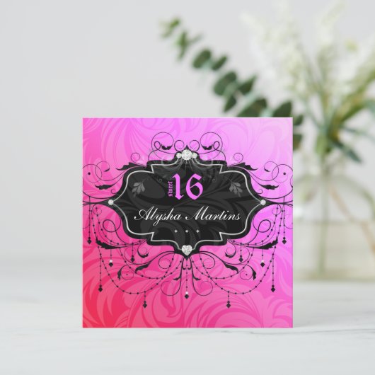 スイート16誕生日宝石シャンデリアフレームPInk 3 招待状 (スタンド正面)