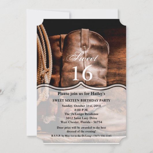 スイート16誕生日招待状カウボーイブーツバーンウッドル 招待状 (正面)