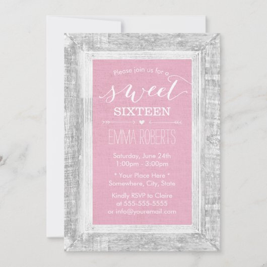 スイート16誕生日素朴ウッドフレームライトピンク 招待状 (正面)