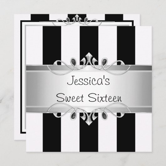 スイート16黒と白のパーティーシルバーストライプ宝石 招待状 (正面/裏面)