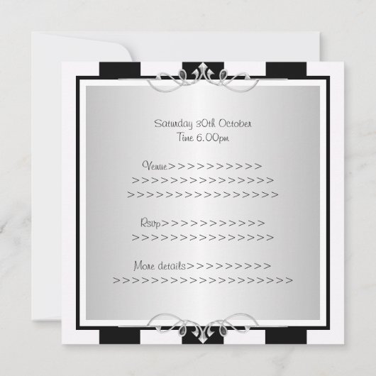 スイート16黒と白のパーティーシルバーストライプ宝石 招待状 (裏面)
