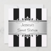 スイート16黒と白のパーティーシルバーストライプ宝石 招待状 (正面)