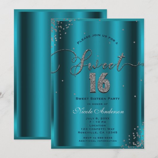 スイート16 アクアブルー シルバー コンフェッティ コーナー 16歳 招待状 (正面/裏面)