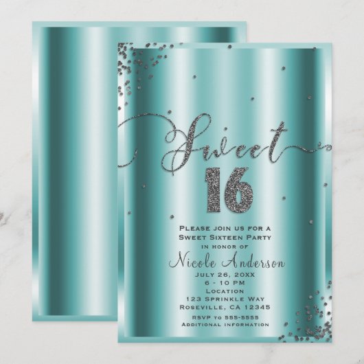 スイート16 アクア＆シルバー コンフェッティ コーナー 16 招待状 (正面/裏面)