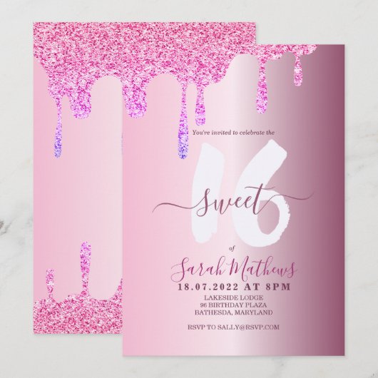 スイート16 グリッター ドリップ ピンク メタリック バースデー インビ 招待状 (正面/裏面)