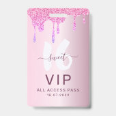 スイート16 グリッター ピンク VIP 誕生日招待状 バッジ (正面)