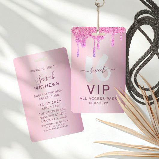 スイート16 グリッター ピンク VIP 誕生日招待状 バッジ