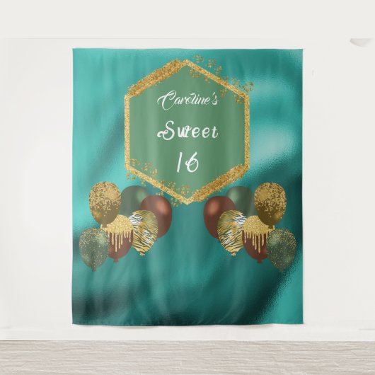 スイート16 グリーン グリッター & グリッター パーティー風船 タペストリー (正面)