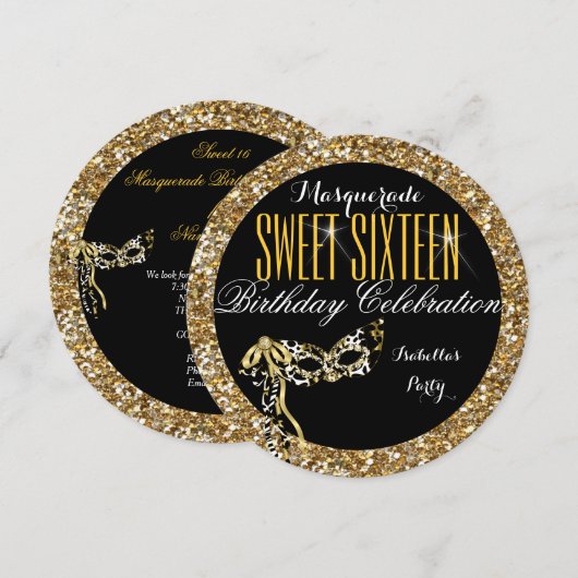 スイート16 ゴールド グリッター マスク マスカレード バースデー 招待状 (正面/裏面)