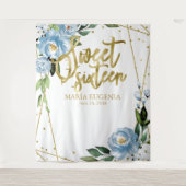 スイート16 ゴールド フォイル ダスティーブルー フラワー 背景 タペストリー (正面)