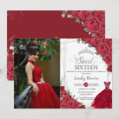 スイート16 シックスティーン シルバー レッド ローズ フラワーフォト 招待状 (正面/裏面)