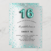 スイート16 シルバー ティール グリッター エレガント グラマラス 招待状 (正面/裏面)