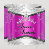 スイート16 スイート16 ホットピンク 白 黒 ティアラ 招待状 (正面/裏面)