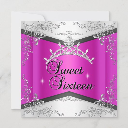 スイート16 スイート16 ホットピンク 白 黒 ティアラ 招待状 (正面)