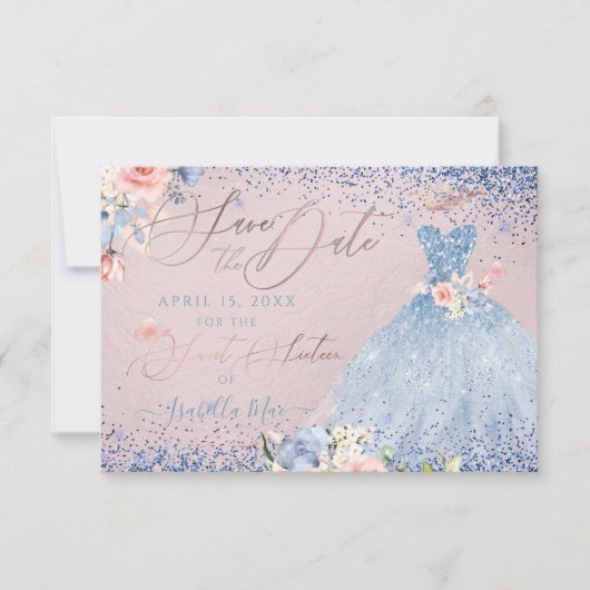 スイート16 セーブ・ザ・デート ダスティーブルーのドレス 招待状 (正面)