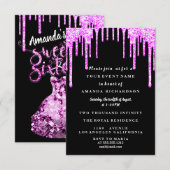 スイート16 ドレス グリッター ドリップ ピンク ドリップス ブラック 招待状 (正面/裏面)