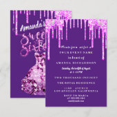 スイート16 ドレス グリッター ドリップ ピンク ドリップ パープル 招待状 (正面/裏面)