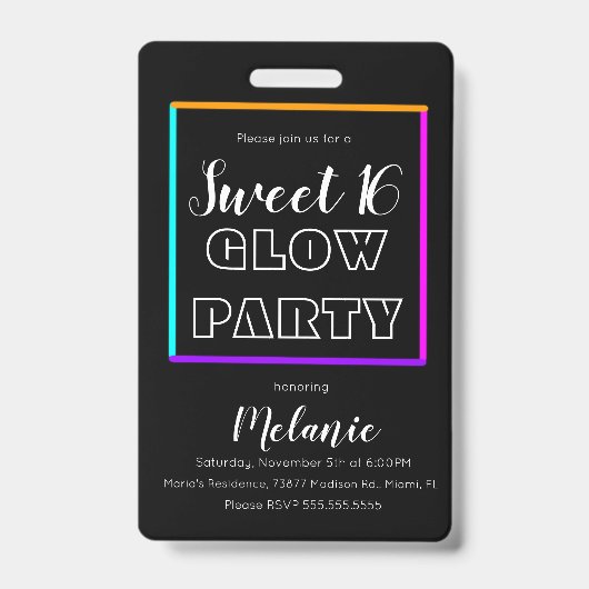スイート16 ネオン 暗闇で光る バースデー パス ID バッジ (正面)