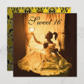 スイート16 バースデーパーティー ゴールドイエロー ブラック ダマスク 招待状 (正面/裏面)