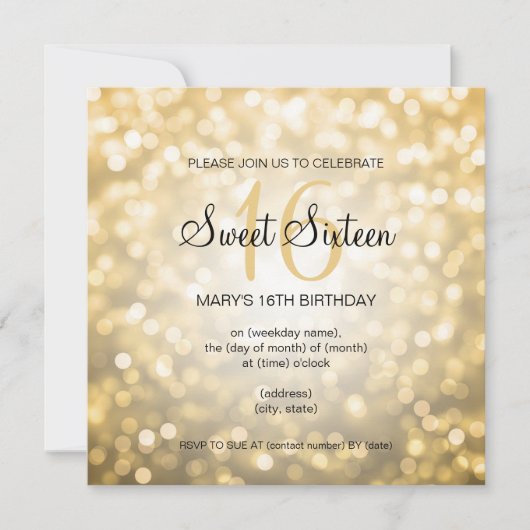 スイート16 バースデーパーティー ゴールドグリッター ライト 招待状 (正面)