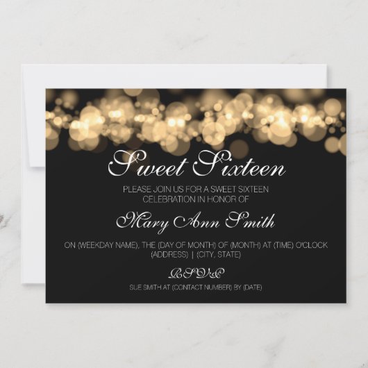 スイート16 バースデーパーティー ゴールド ボケ ライト 招待状 (正面)