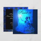 スイート16 バースデーパーティー、ブルー ブラック ホワイト ダマスク 招待状 (正面/裏面)