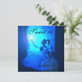 スイート16 バースデーパーティー、ブルー ブラック ホワイト ダマスク 招待状 (スタンド正面)