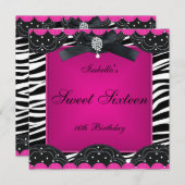 スイート16 バースデーパーティー ホットピンク ブラック ホワイト ゼブラ 招待状 (正面/裏面)