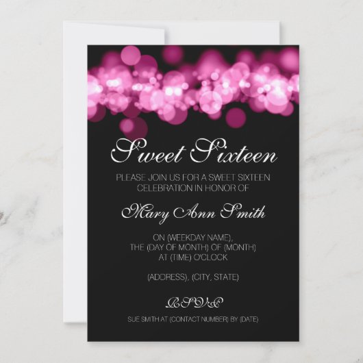 スイート16 バースデーパーティ ピンク ボケ ライト 招待状 (正面)