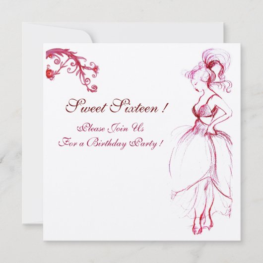 スイート16 バースデー パーティー モノグラム 赤いピンクのうずまき 招待状 (正面)