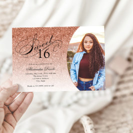 スイート16 バースデー ローズゴールド グリッター グラム フォト 招待状