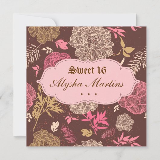 スイート16 バースデー ヴィンテージ フラワー ピンク ブラウン 招待状 (正面)