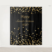 スイート16 バースデー 背景 黒と金 タペストリー (正面)