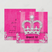 スイート16 パーティー 招待 ピンク ストライプ クラウン ティアラ 招待状 (正面/裏面)