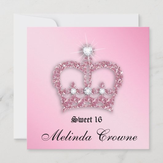 スイート16 パーティー 招待 ピンク プリンセス クラウン ティアラ 招待状 (正面)