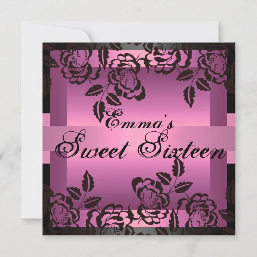 スイート16 ピンク エレガント ローズ バースデー インビテーション (正面)