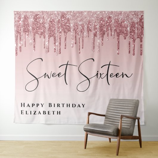 スイート16 ピンク ローズゴールド グリッター バースデーパーティー タペストリー (インサイチュ(横))