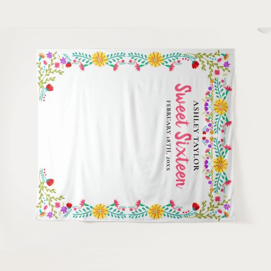 スイート16 フォトブース 背景 メキシカン フラワー 白 タペストリー (正面(横))