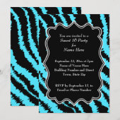 スイート16 ブラックとターコイズ ゼブラ柄 招待状 (正面/裏面)
