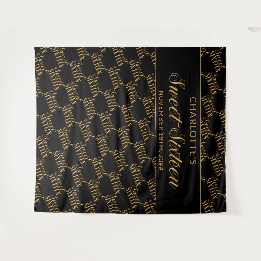 スイート16 ブラック&ゴールド バースデーパーティー 背景 タペストリー (正面(横))