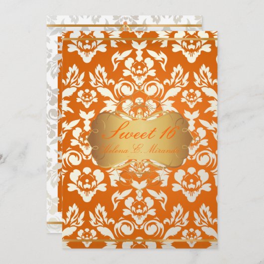 スイート16/プリンセス/パールダマスク/砕いたオレンジ 招待状 (正面/裏面)