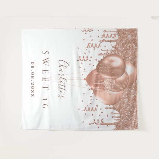 スイート16 ローズゴールド グリッター風船 モノグラム 16歳 タペストリー (正面(横))