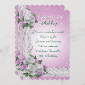 スイート16 招待状 白いバラとレース ピンク (正面/裏面)