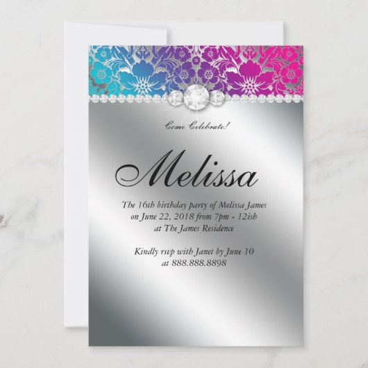 スイート16 招待状 花柄 ダマスク ピンク 青 シルバー (正面)