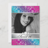 スイート16 招待状 花柄 ダマスク ピンク 青 シルバー (裏面)