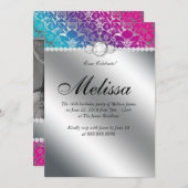 スイート16 招待状 花柄 ダマスク ピンク 青 シルバー (正面/裏面)