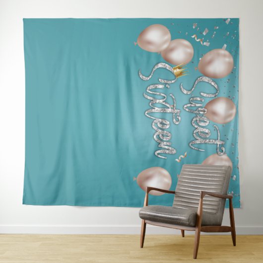 スイート16 現代ターコイズ色の女の子 16歳の誕生日テープ タペストリー (インサイチュ(横))